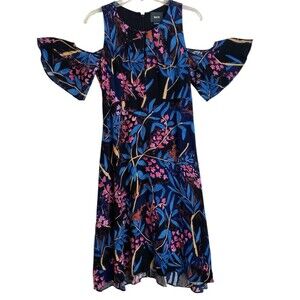 Anthropologie Maeve Elia Dress Womens Sz 6 Black Blue Floral Cold Shoulder‎ Midi